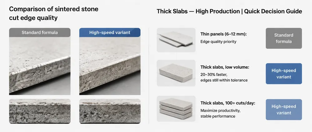 Comparison of sintered stone cut edge quality between standard formula and high-speed variant showing edge finish differences