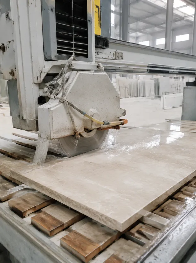 Microcrystalline stone panel being precision cut for commercial interior installation