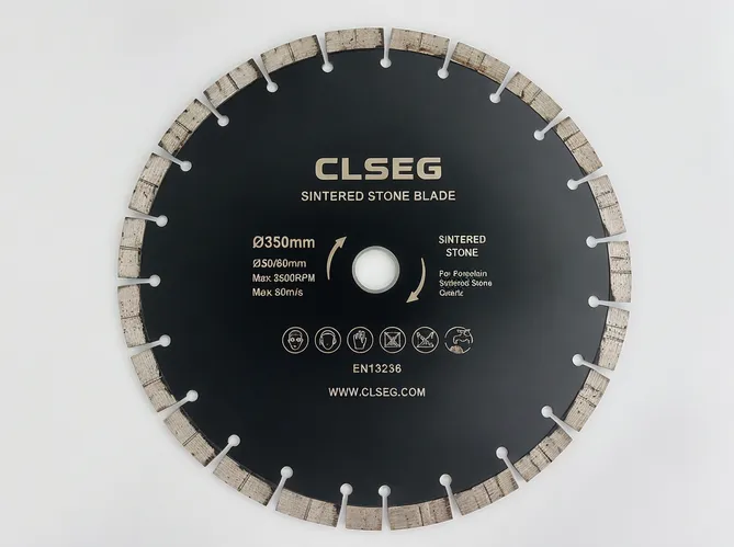 CLSEG sintered stone blade showing custom segment geometry and private label printing on the blade core