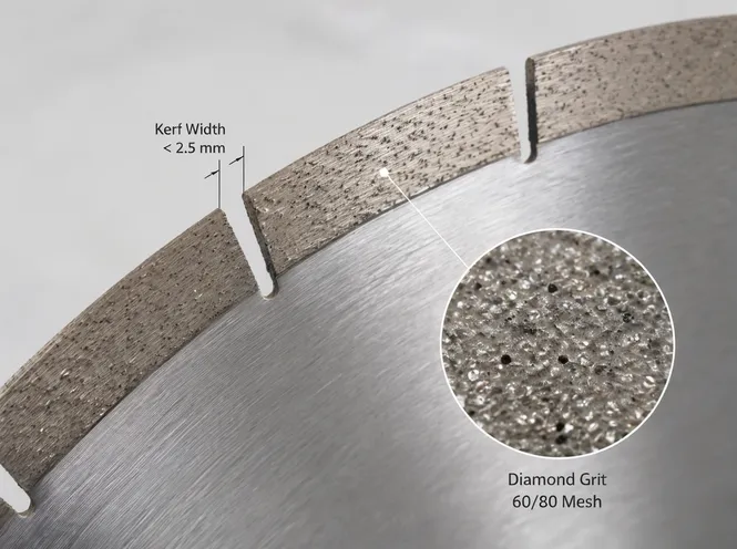 Close-up of sintered stone saw blade segment showing narrow kerf width and fine diamond grit distribution