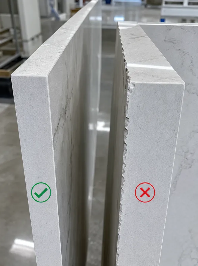 Close-up comparison showing clean cut edge versus micro-chipped edge on sintered stone slab