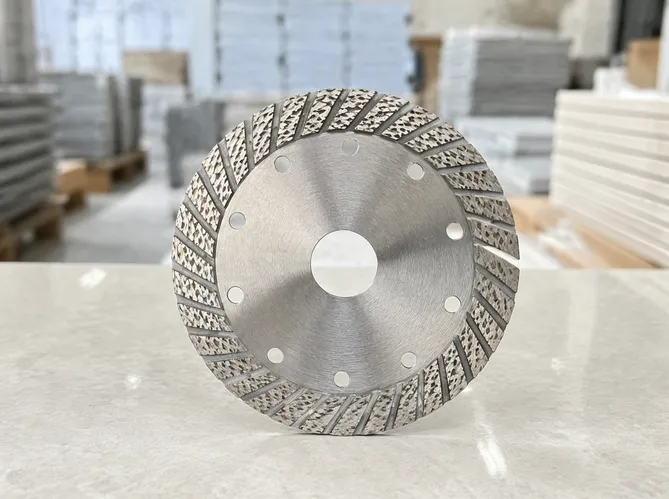 Mesh turbo diamond blade with cooling holes for porcelain and ceramic tile cutting