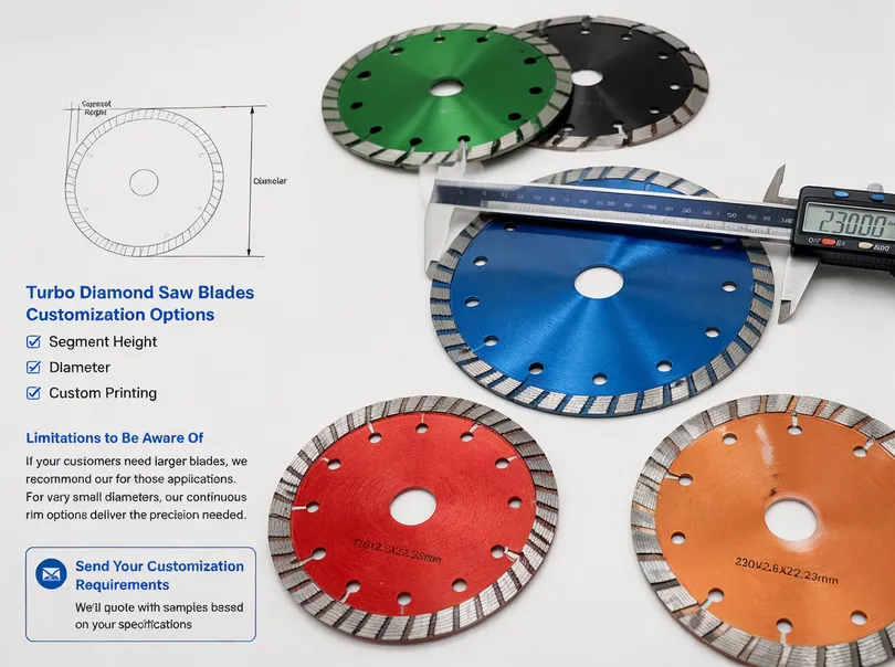 Turbo diamond saw blade customization — segment height, diameter, and private label printing options