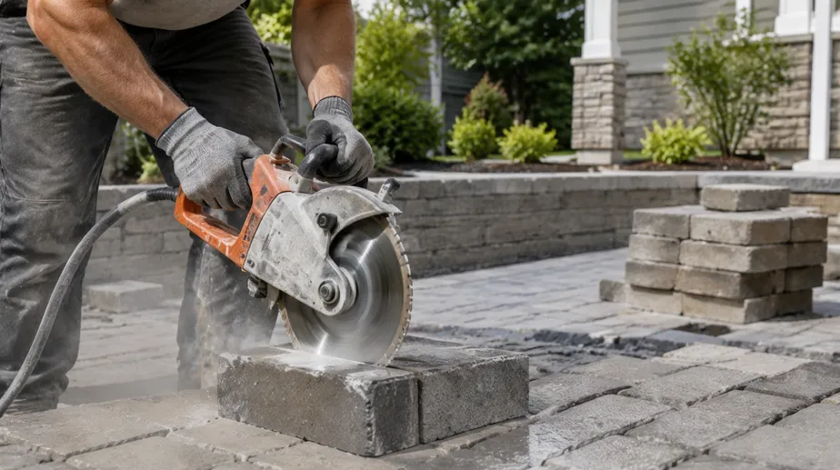 Landscape contractor cutting pavers and retaining wall block with turbo diamond blade