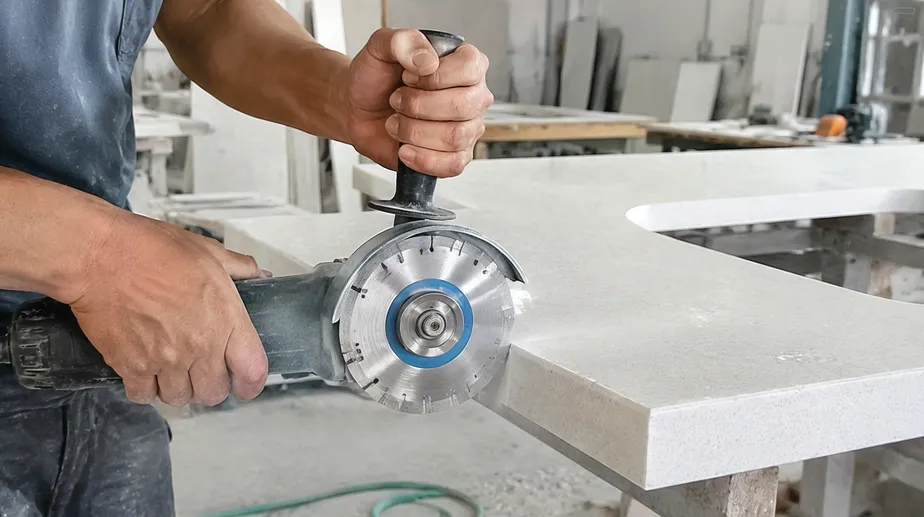 Stone fabricator using turbo blade on angle grinder for countertop edge profiling and sink cutouts