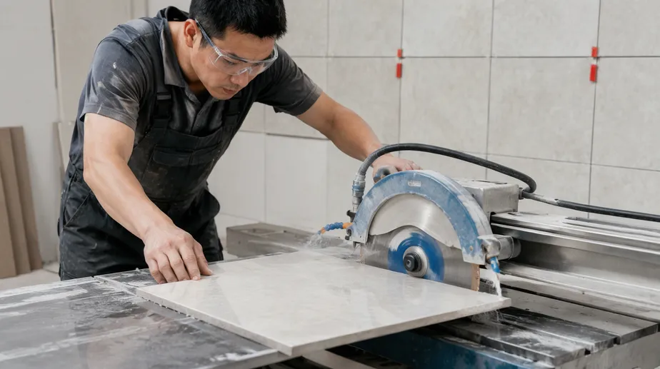 Tile setter cutting porcelain tile with turbo rim blade — reduced chipping for renovation work