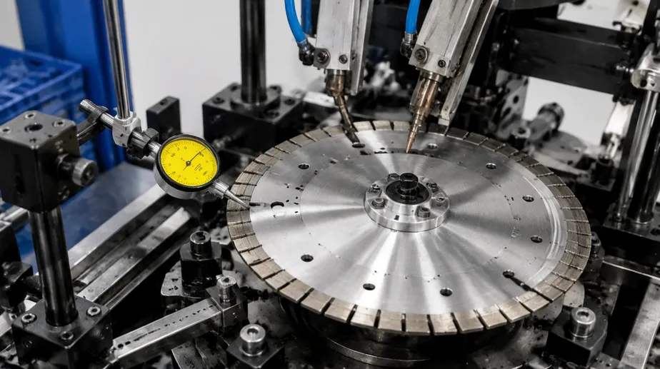 Automated welding fixture holding turbo blade concentricity to 0.1mm runout with dial indicator quality check