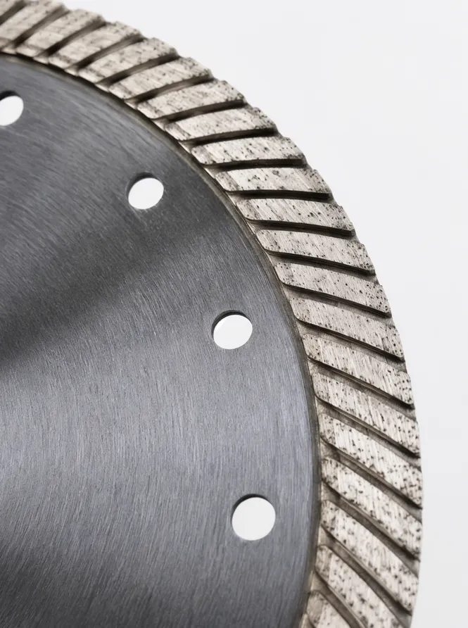 Close-up of turbo rim wavy serrated segment profile showing debris clearance channels