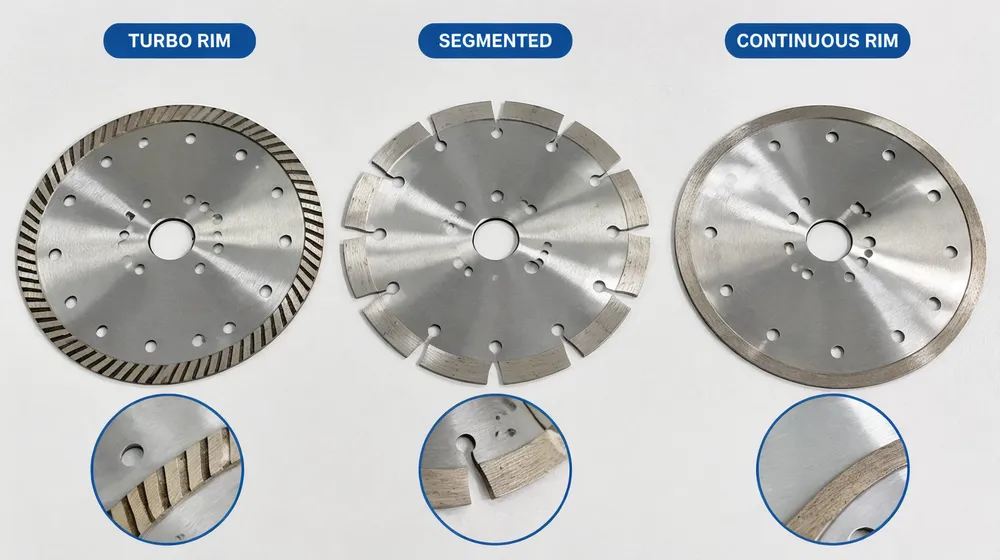 Visual comparison of turbo rim, segmented, and continuous rim diamond saw blade profiles