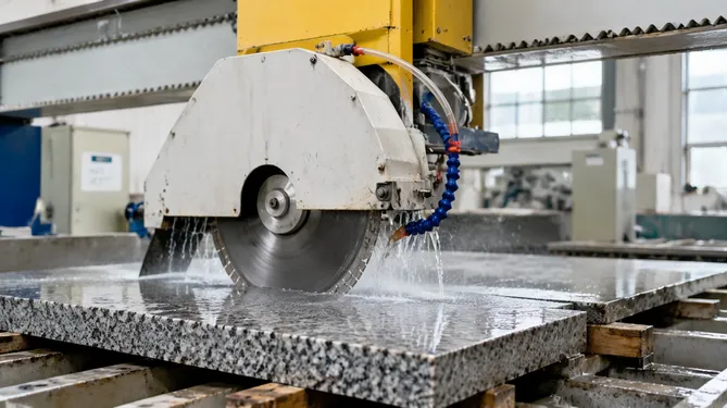 Diamond bridge saw blade cutting granite slab on automated bridge saw