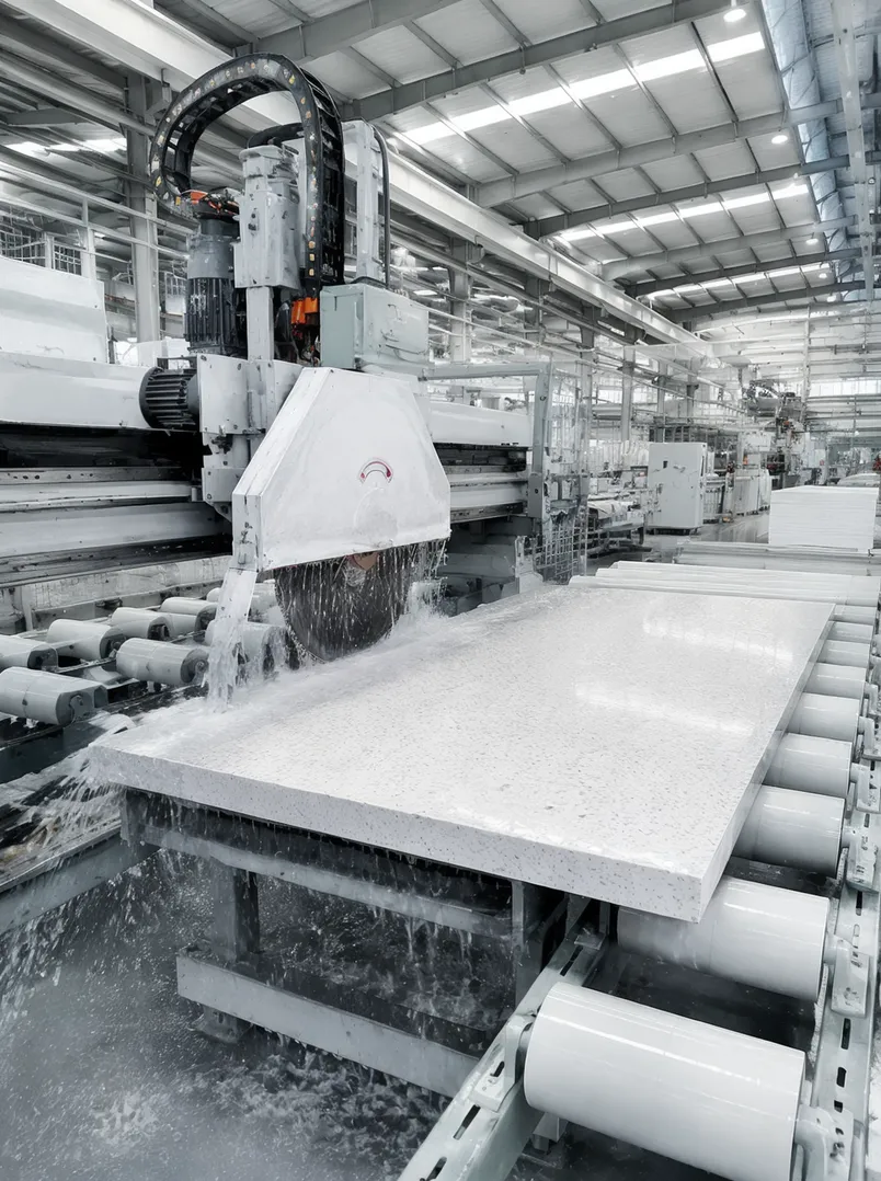 Industrial engineered quartz countertop plant with automated wet cutting line processing quartz slabs