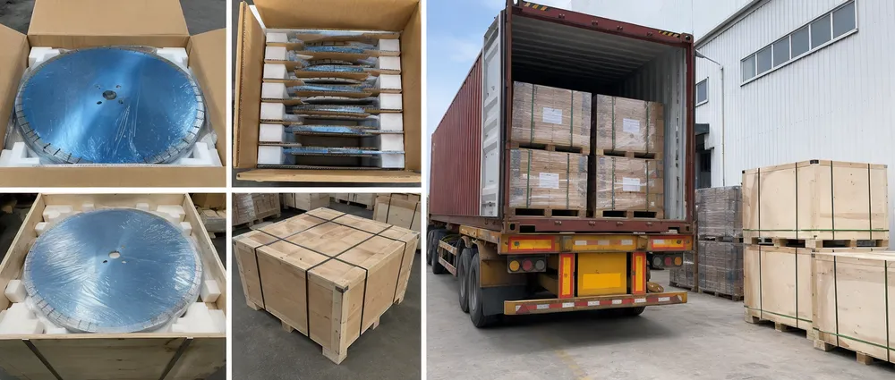 VCI-wrapped wet cut diamond blades in reinforced cartons ready for container loading and export shipment