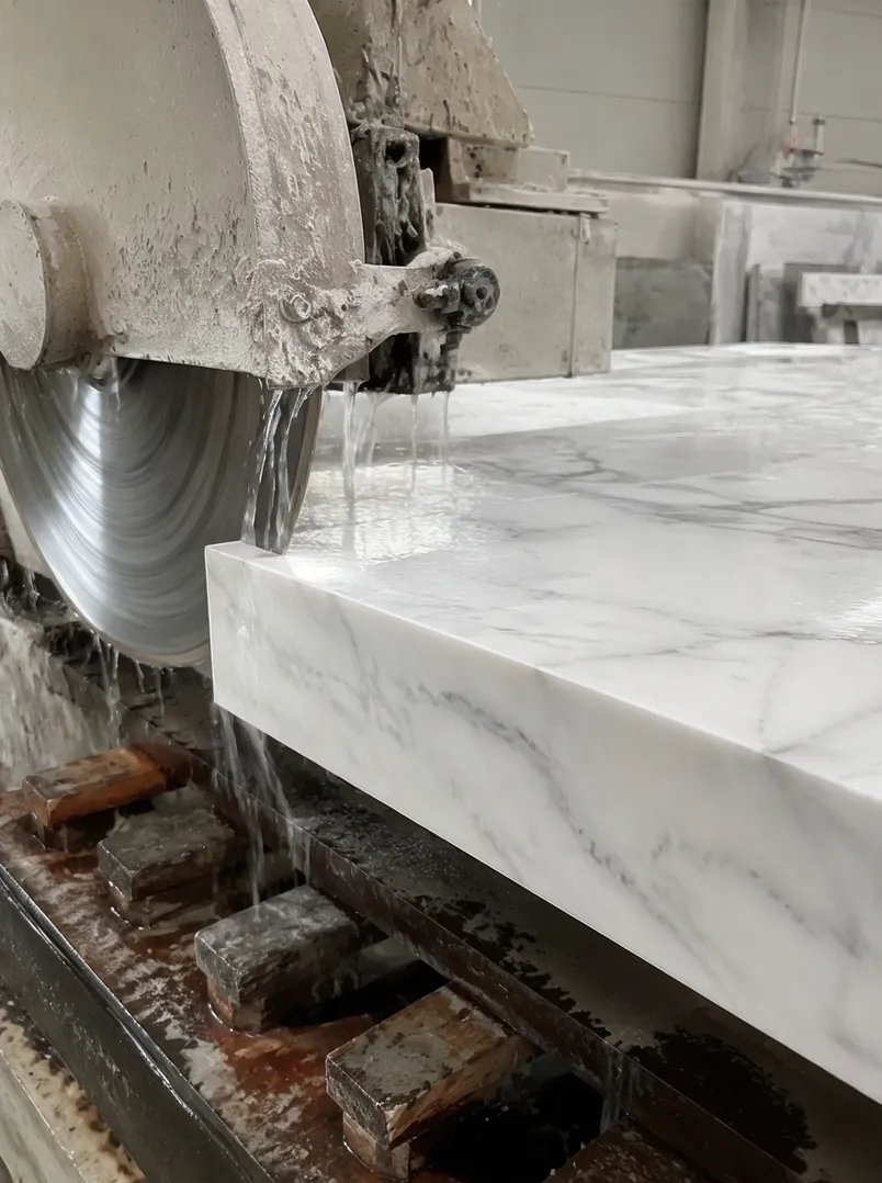 Premium marble slab being cut with wet diamond blade showing clean edge finish without chipping