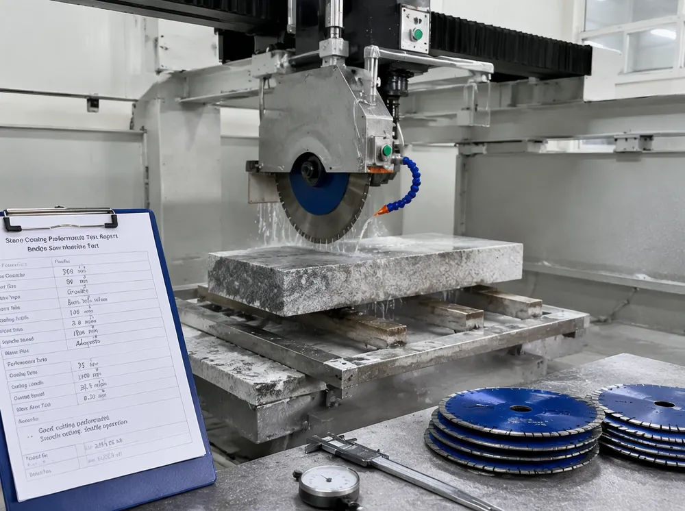Quality testing laboratory with bridge saw cutting stone for performance validation