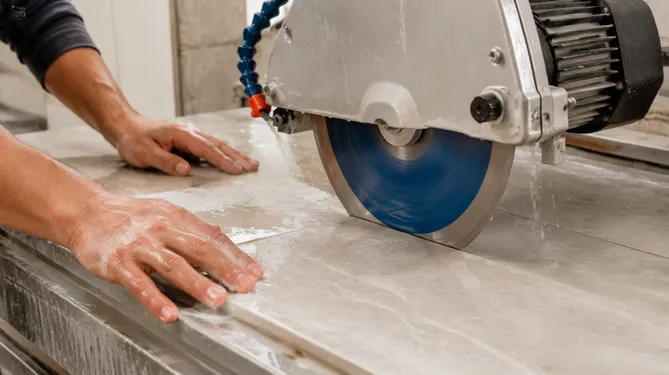 Wet-cut diamond blade on table saw cutting porcelain tile