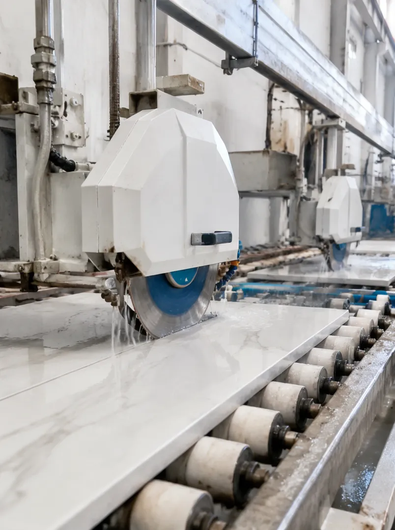 Large-format porcelain tile production line with wet cut diamond blades performing trim and dimensioning cuts