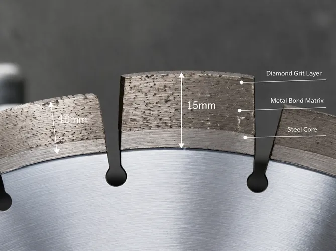 Close-up technical detail of wet cut diamond blade segment geometry showing segment height and bond structure