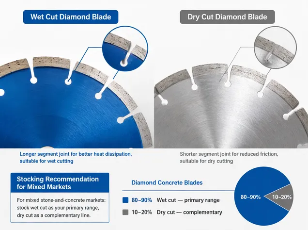 Wet cut and dry cut diamond blades side by side showing segment joint differences