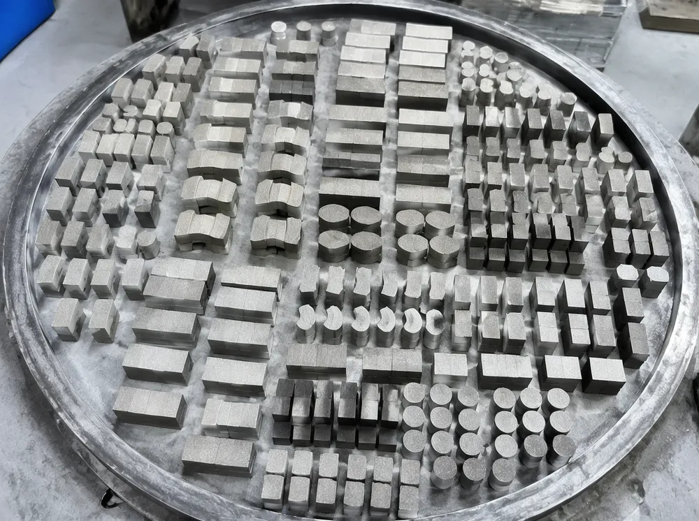 Custom diamond segments with multiple geometries and bond formulas arranged on a sintering tray