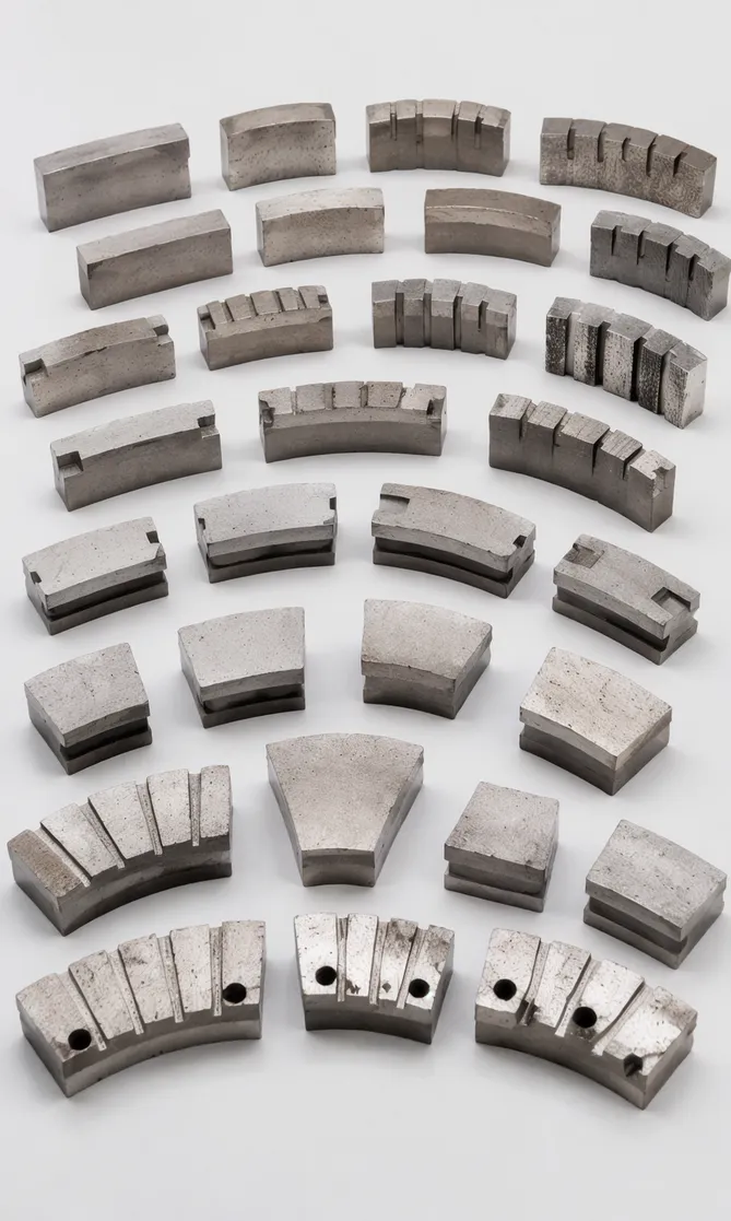 Range of custom diamond segment geometries including flat-top, Arix, turbo-slot, and sandwich configurations