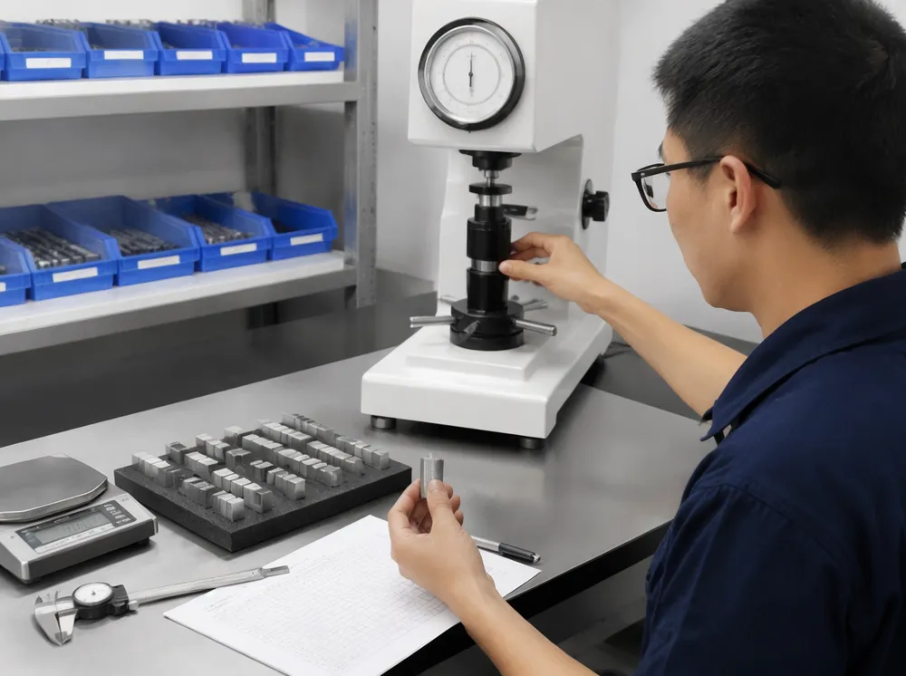 Quality control testing of custom diamond segments including hardness and dimensional inspection