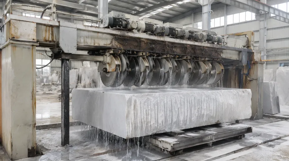 Block-cutting service provider operating gang saw frames for commercial slab resale