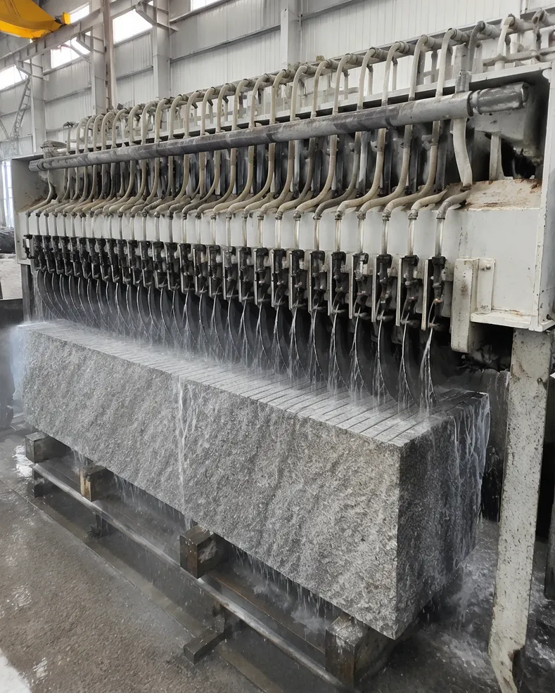 Multi-blade gang saw frame with 60+ blades cutting granite block simultaneously