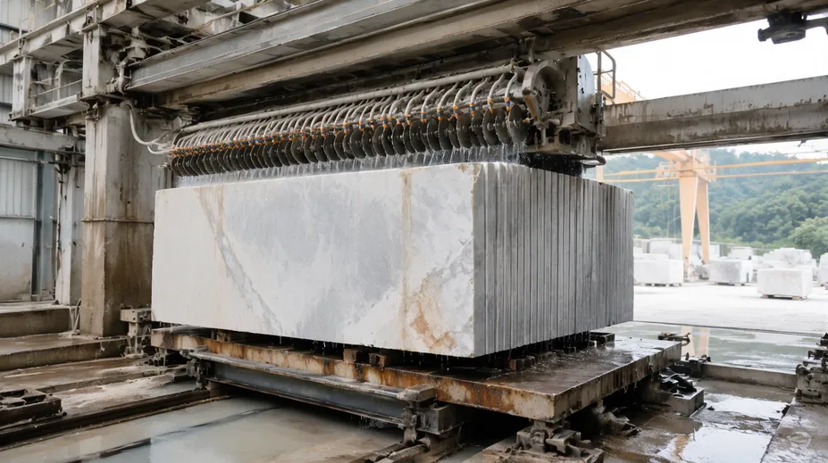 Large-scale quarry-to-slab gang saw processing operation cutting raw blocks into calibrated slabs