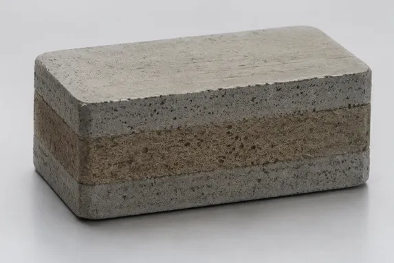 Sandwich gang saw segment showing multi-layer diamond distribution with softer center