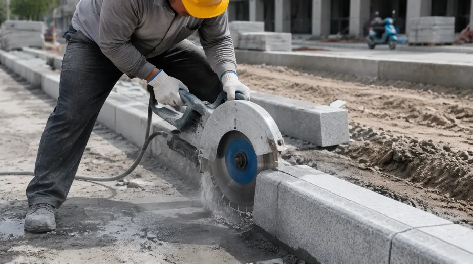 Construction contractor using diamond blade for granite curbstone cutting on site