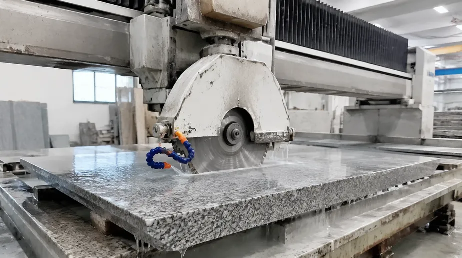 Stone fabrication shop running bridge saw with granite diamond segment blade cutting countertop slab