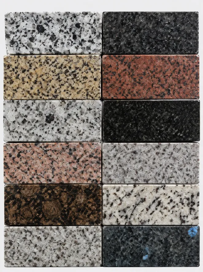 Cross-section view of different granite types showing varying mineral composition and grain structure