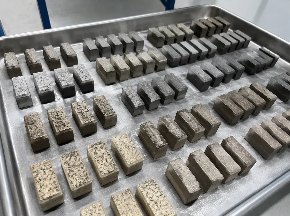 Granite diamond segments arranged on a sintering tray, showing multiple bond formulations for different granite types