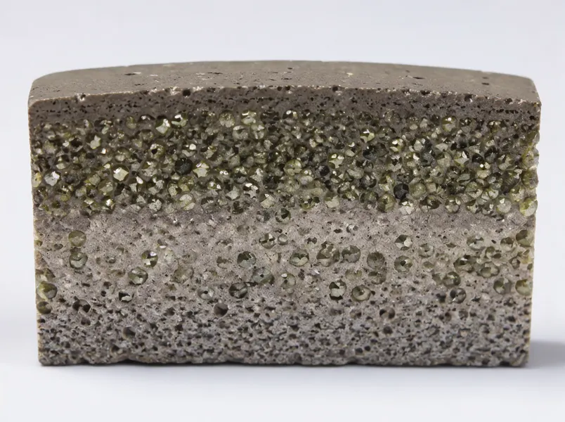 Close-up cross-section of a granite diamond segment showing diamond distribution layers and bond matrix