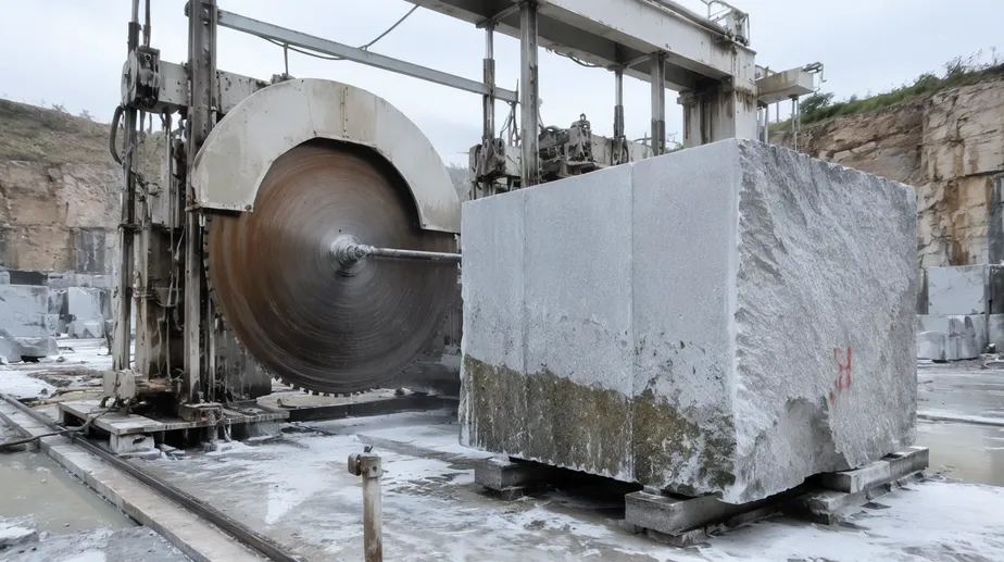 Granite quarry block cutting operation with large-diameter diamond blade and gang saw frame