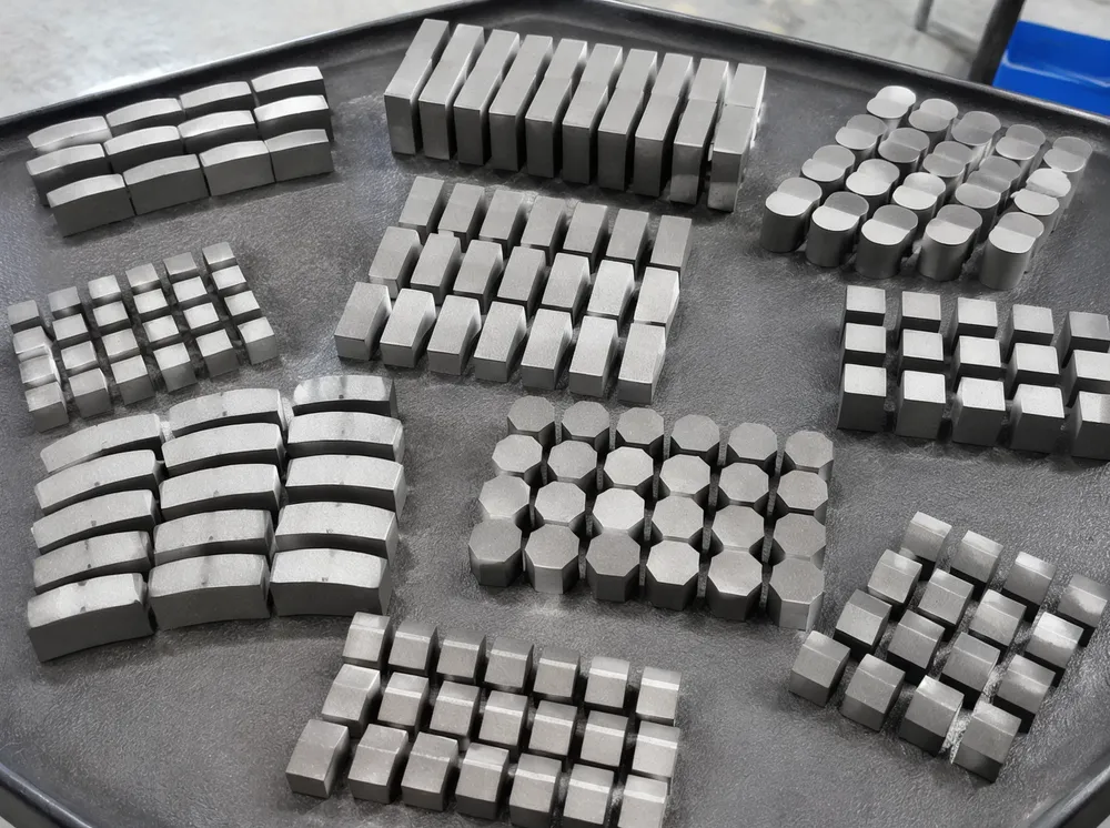 Diamond segments arranged on sintering tray showing various bond formulas and geometries