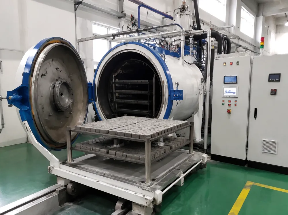 Controlled atmosphere sintering furnace processing marble diamond segments at CLSEG facility
