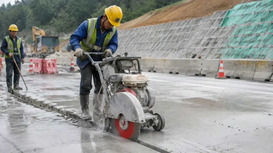 Infrastructure contractor using diamond blade for concrete road cutting