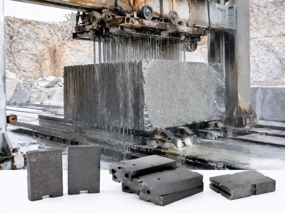 Diamond gang saw segments for quarry block processing operations