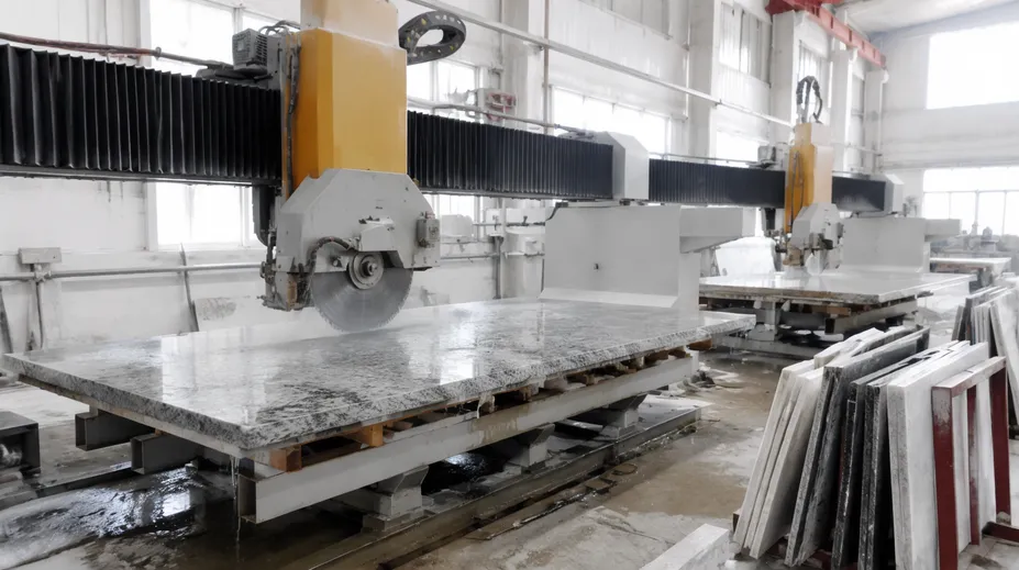 Stone fabrication shop with bridge saws processing granite and quartz slabs