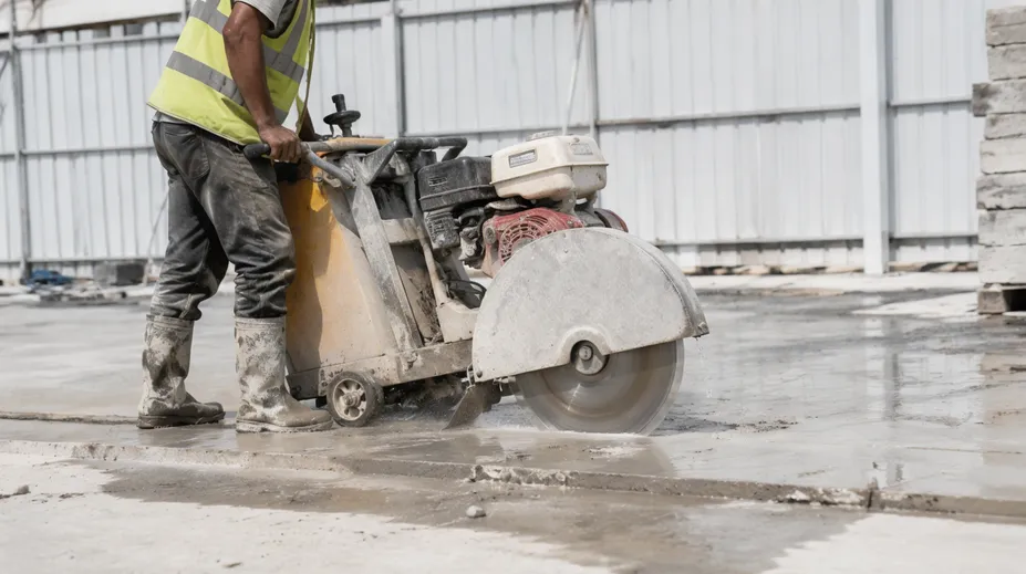 Road saw operator cutting concrete with diamond blade