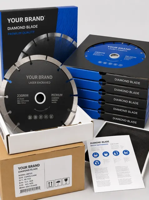 Private label diamond blade packaging with custom branding, retail boxes, and laser engraving