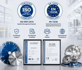 ISO 9001 and EN 13236 certification badges for diamond tool manufacturing